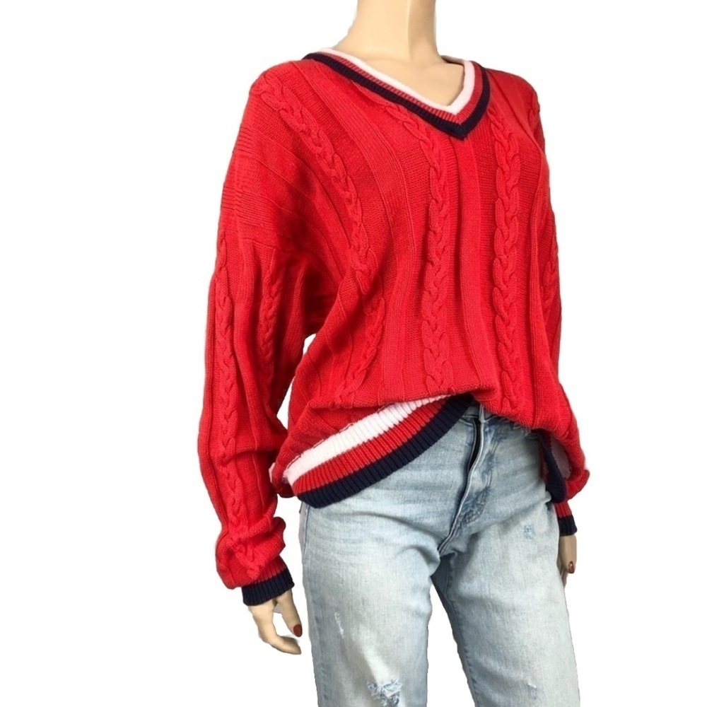 Vintage THE FOX Collection V-neck knit sweater long sleeve cotton red,white